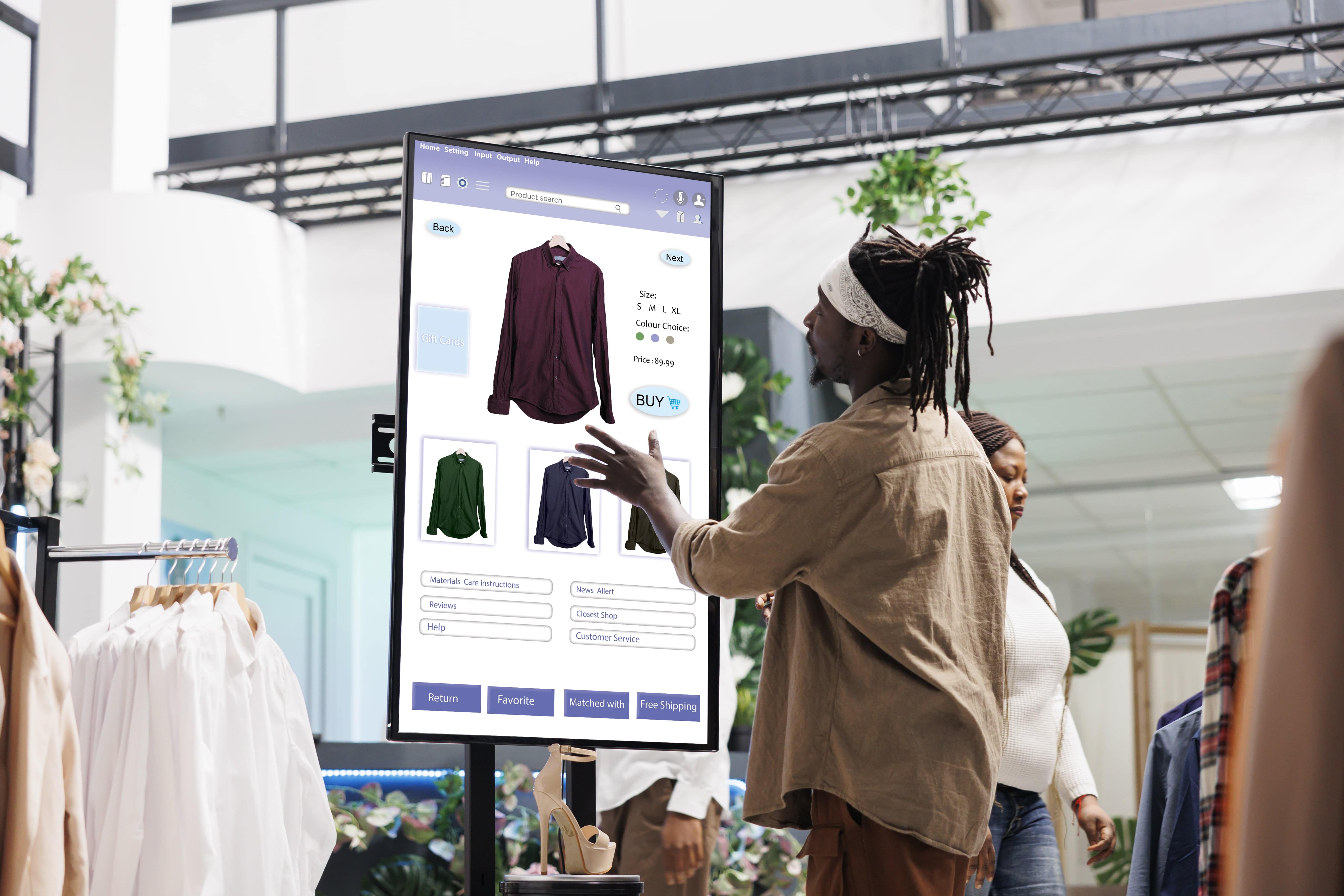 in-store promotional displays, a customer interacting with a digital display board.