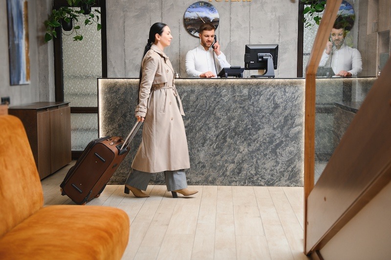 Hotel Guest Experience, women walking past hotel receptionist at check in desk.