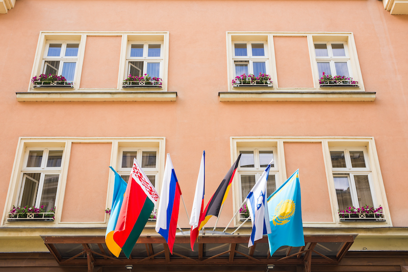 Euro flags, national flags at the entrance