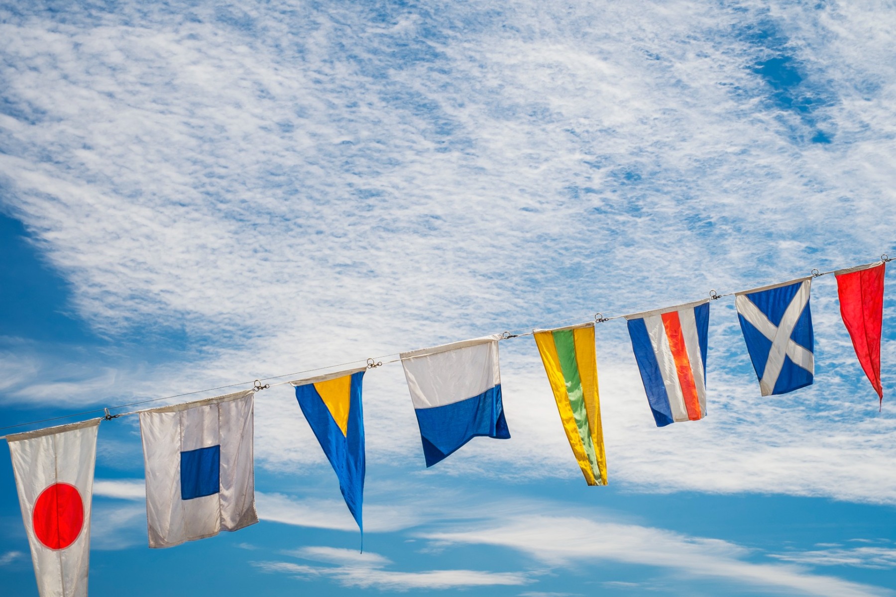flags-vs-windsock; flags displayed in a clear blue sky.