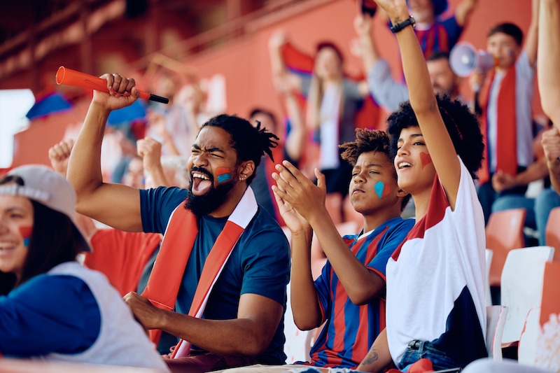 Stadium sponsorship branding, fans cheering during sports event.