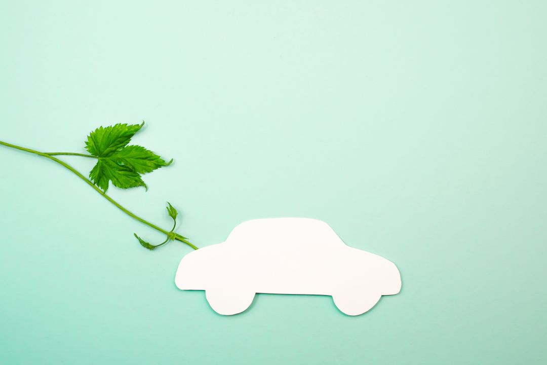 the role of sustainable materials in automotive brand communications, silhouette of a white car on a green background with natural leaves
