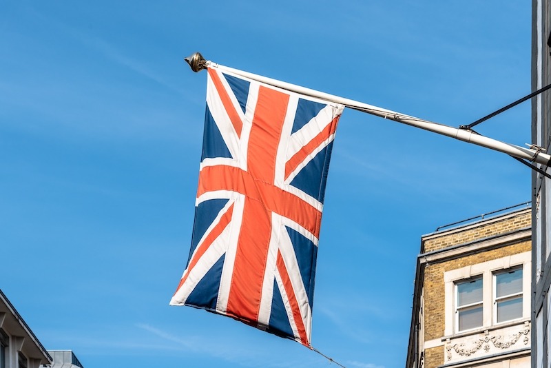 Flag colours in branding, the Union Jack flag on a building.
