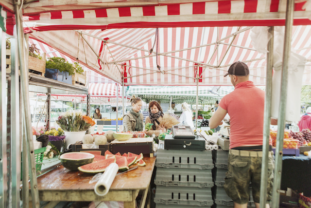 Corporate branded gazebo, fruit shop under a custom gazebo.