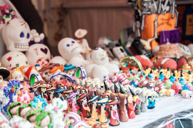 Halloween store decorations, a display of various Halloween figurines and treats.