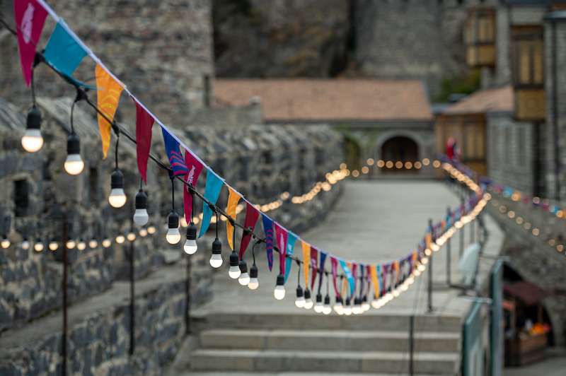 Event bunting, bunting with lights along a pathway