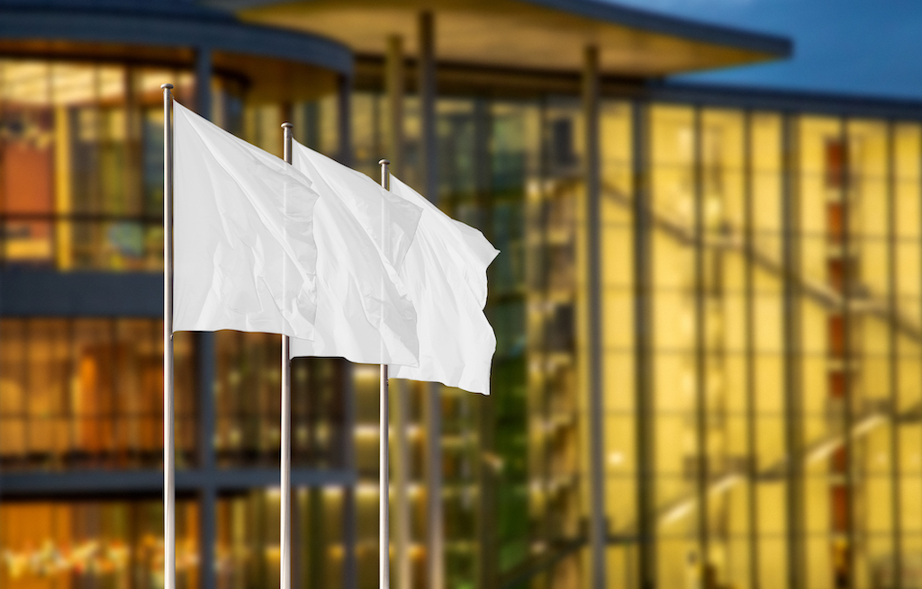 Portable Advertising, blank flags near corporate buildings.